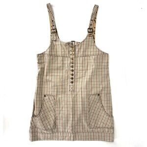 Plaid Jumper Overall Dress Sz L Vintage Style Brown Buckle Straps Pockets 70s